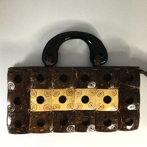 WNW Coconut Shell Woven Patchwork Purse Coconut